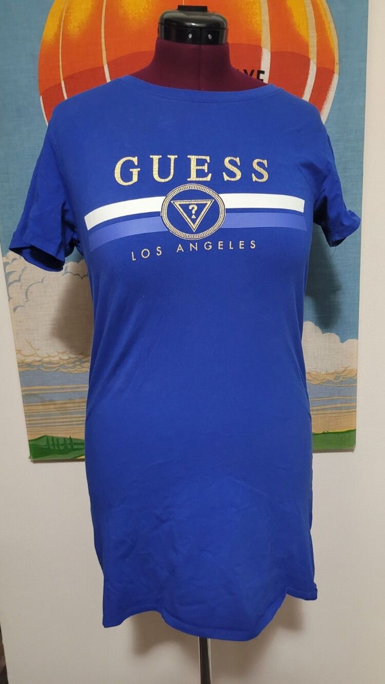 Guess Los Angeles Women's Blue Gold Lettering T-Shirt Dress Sz M Stretch